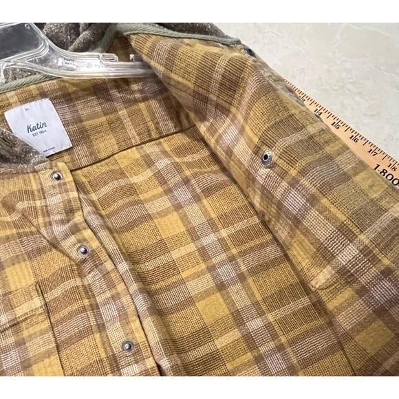 Katin Harold Hooded Flannel Sweatshirt Jacket Shacket Sz XL Brown Yellow Cabin - Picture 9 of 12